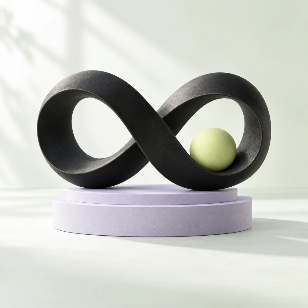 Sculptural black infinity loop cradling a lime sphere on a lavender platform.