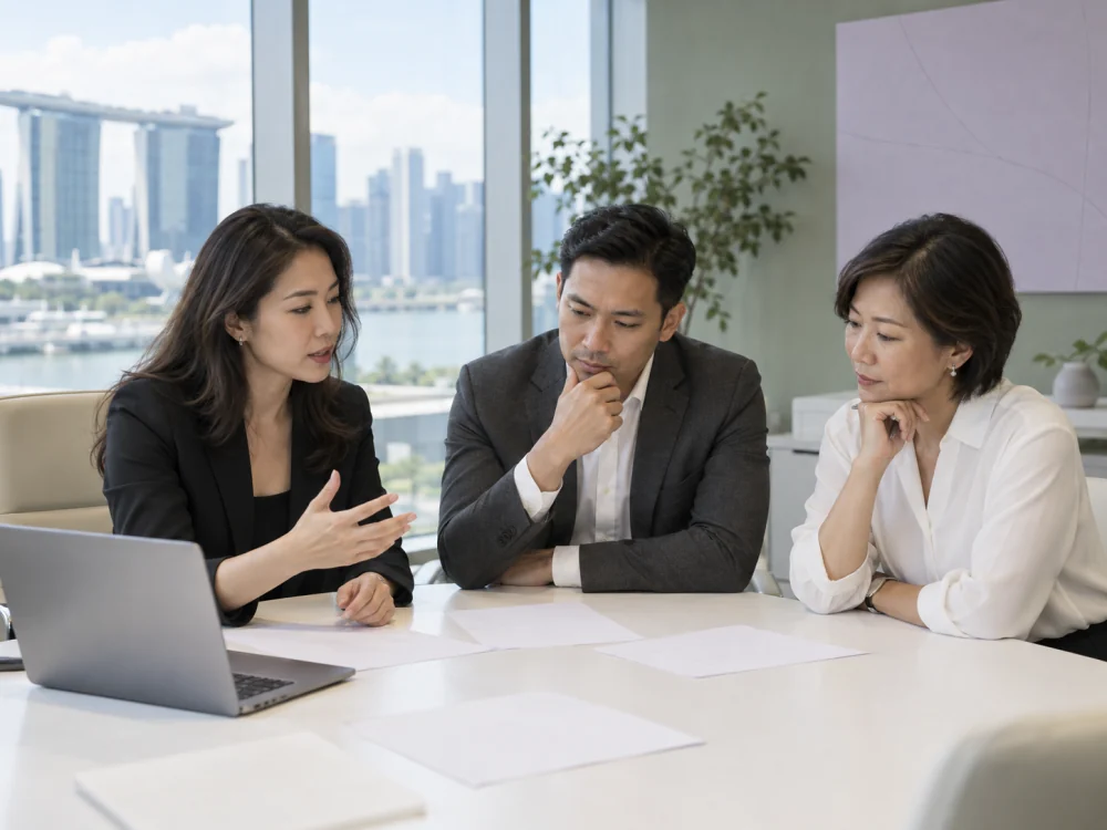 Illustrative scene of three advisers discussing business priorities around a table.